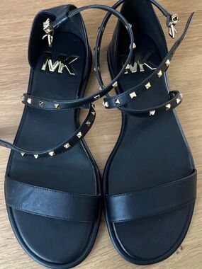 Michael Kors Black Leather Ankle-Strap Sandals with Gold Studs